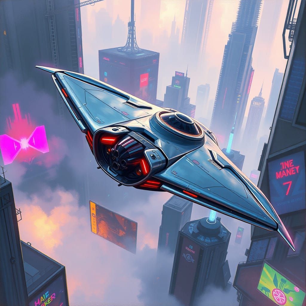 Sleek Futuristic Flying Device Soars Through Neon Metropolis