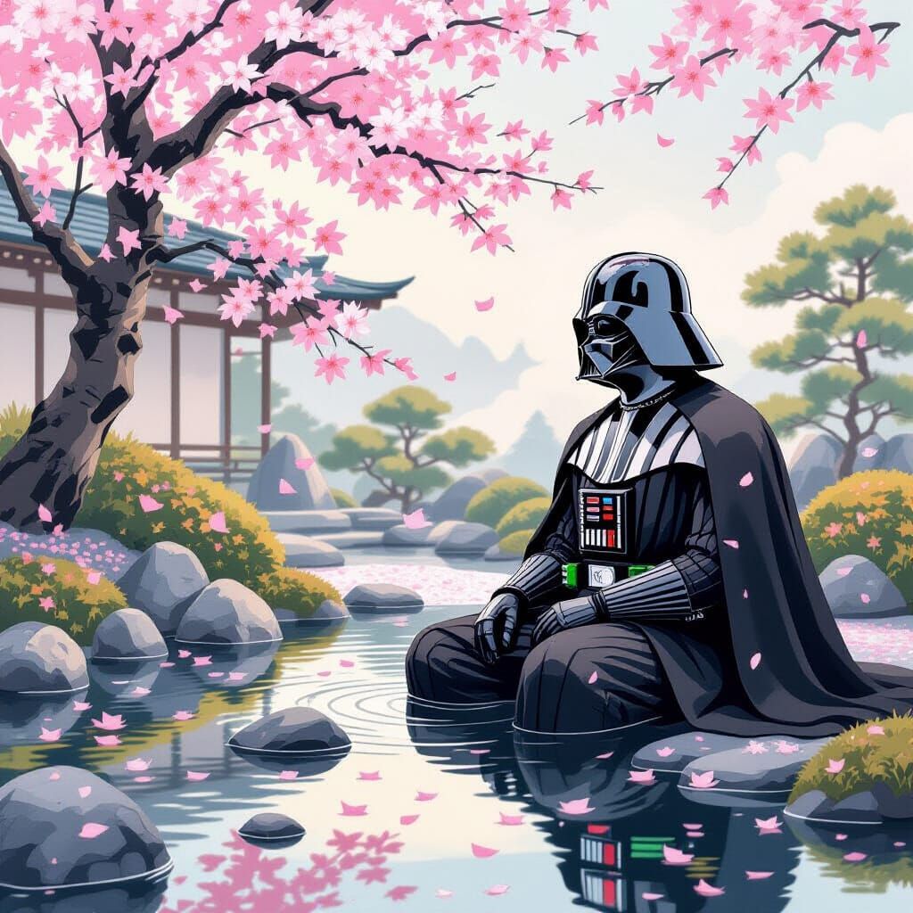 Darth Vader Meditating in Sumi-e Zen Garden