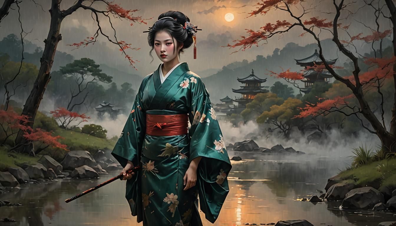 Japanese Geisha in Kimono: Tonalist Oil Painting