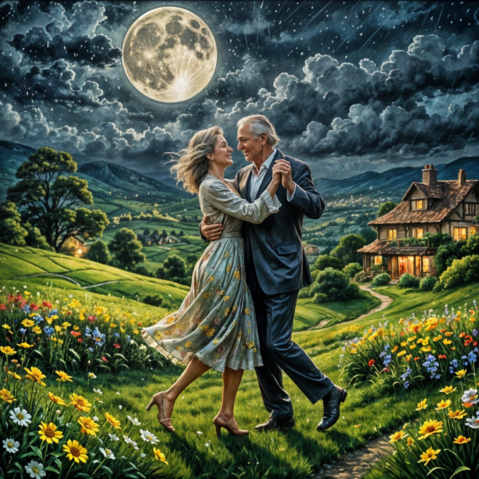 Ethereal Elderly Couple Dances Under Full Moon