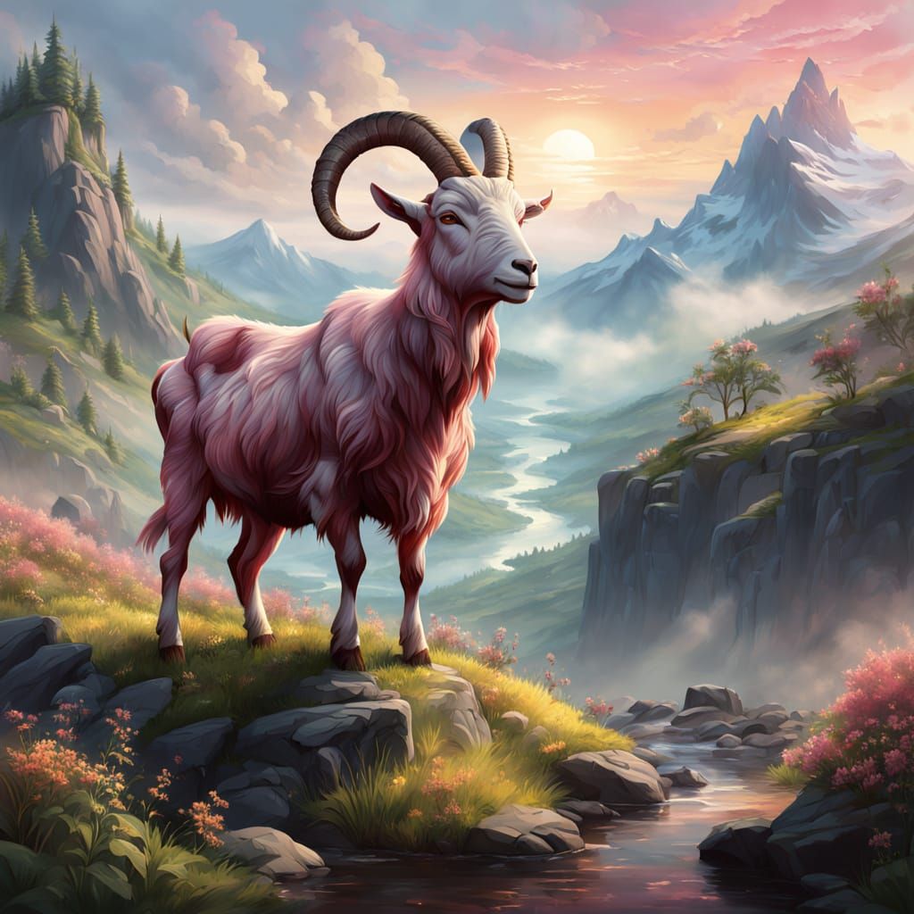Ethereal Pink Goat Amidst Golden Sunrise Majesty