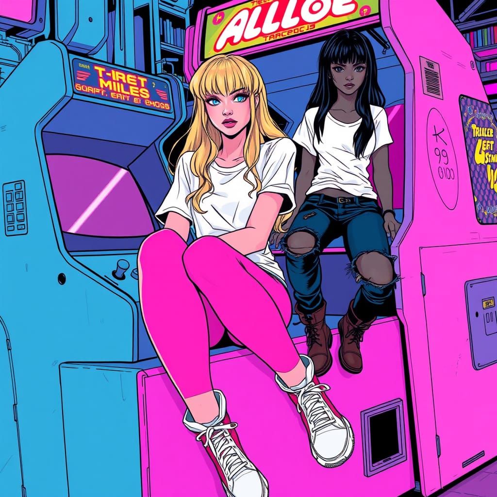 Dystopian Arcade Scene in Illustrative Style