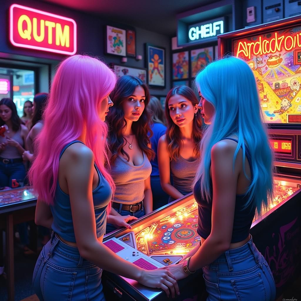 Arcade Scene with Colorful Hair, Graffiti Art Style