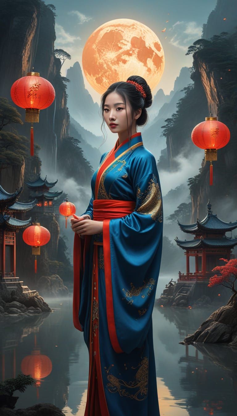 Surreal Chinese Woman in Dreamlike Panorama