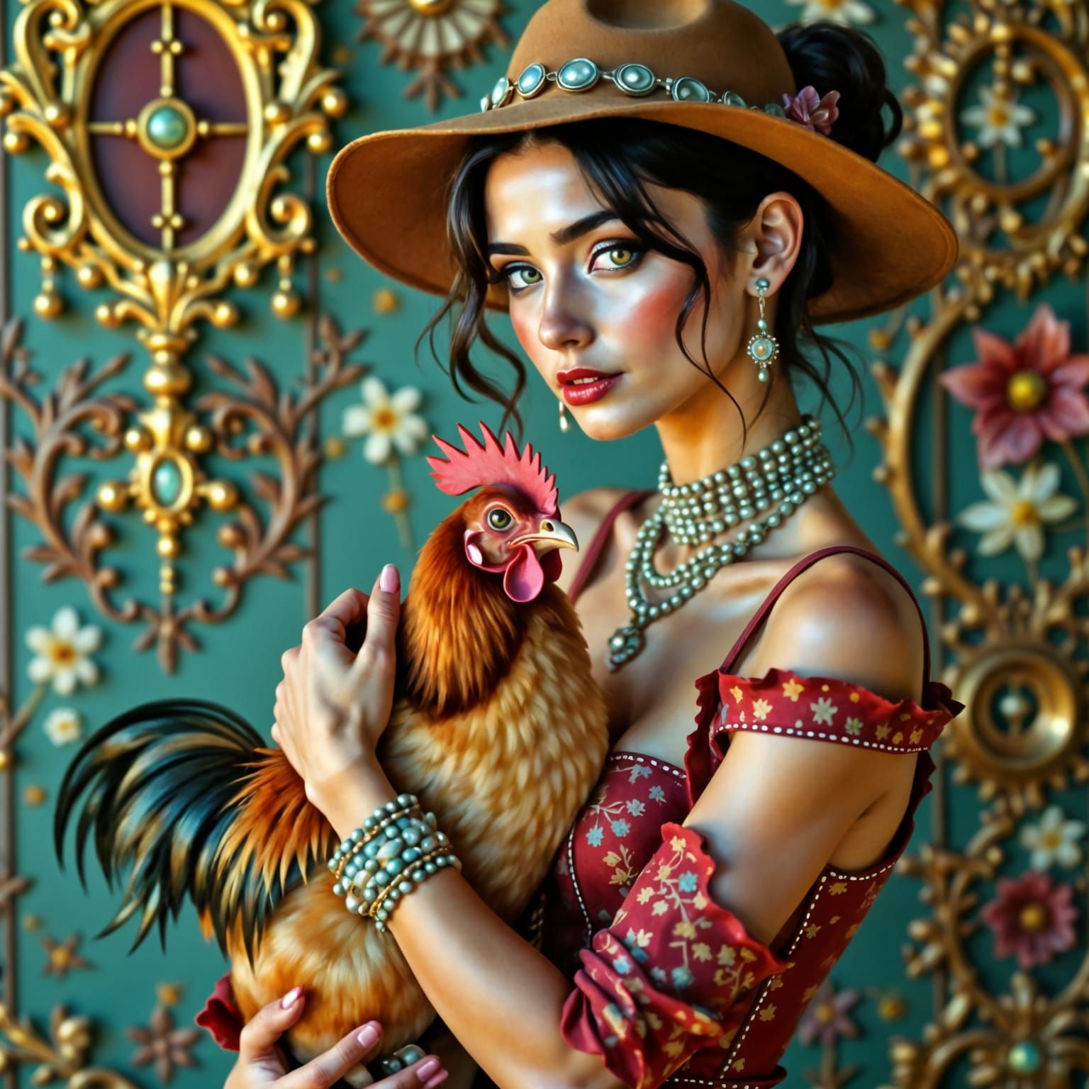 Elegant Farm Girl with Chicken in Vibrant Landscape