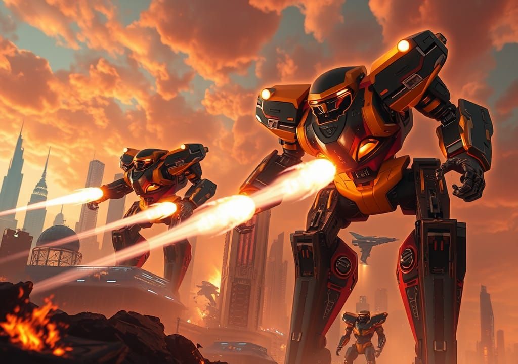 Giant Robots Battle in Burning City with Photon Beams