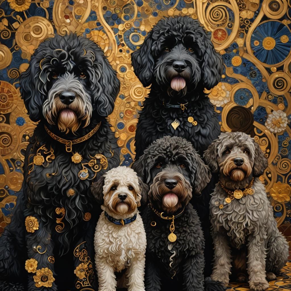 Portuguese Water Dogs Portrait in Klimt Style