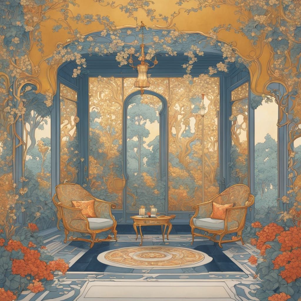 Luxurious Art Nouveau Fireplace with Lush Greenery and Warm....