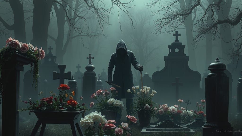 Macabre Gardener Tends Cemetery Flowers: Sinister Art