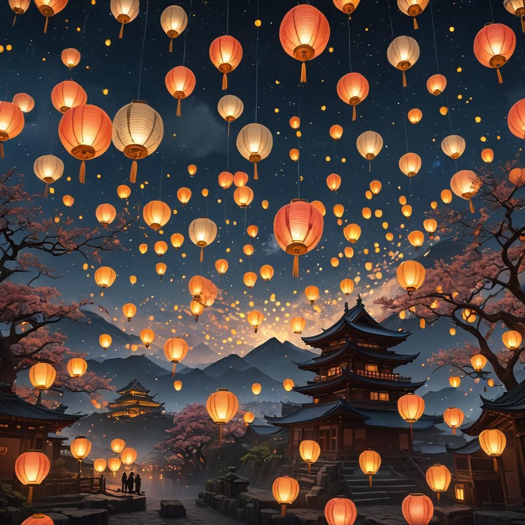 Luminous Japanese Lanterns in Starry Sky
