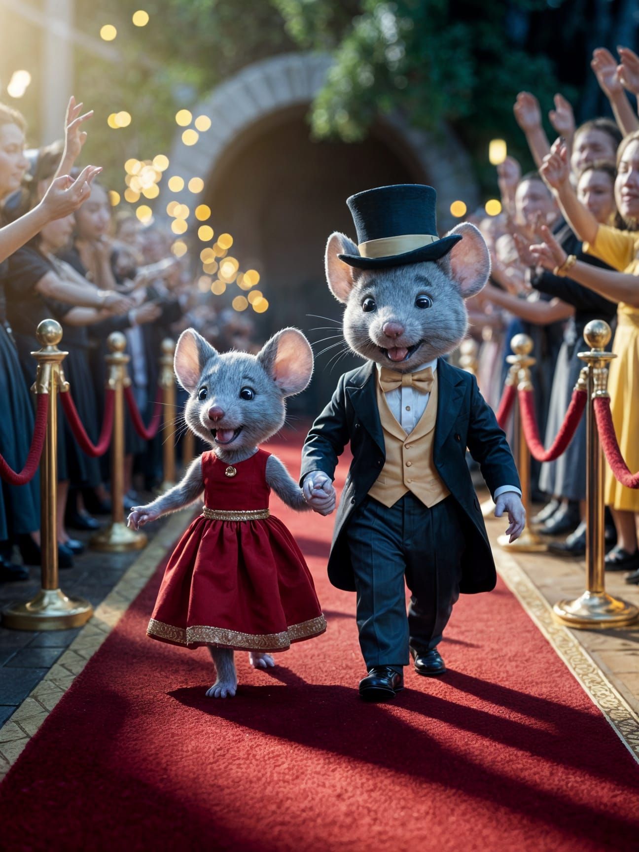Tiny Mouse in Red Dress Struts Down Red Carpet with Suited C...