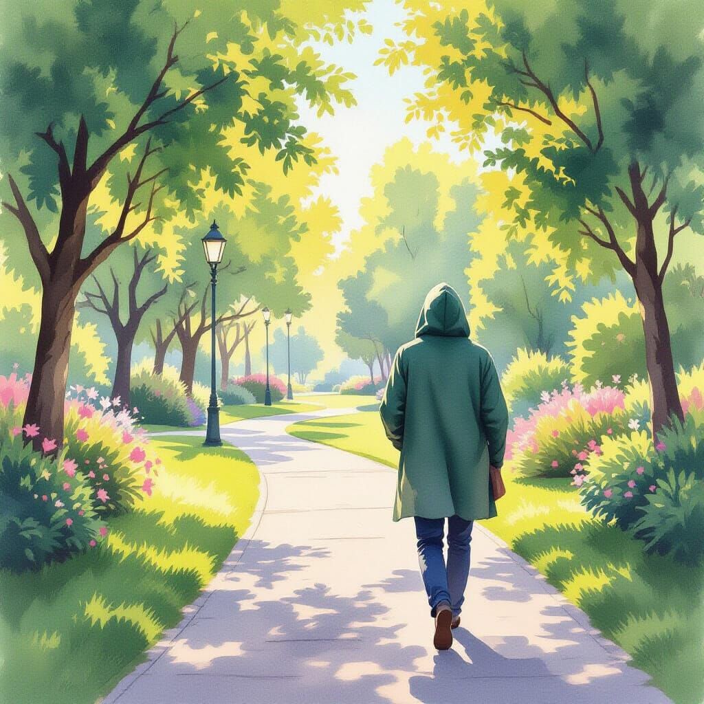 Hooded Figure's Peaceful Walk in Sunlit Green Space