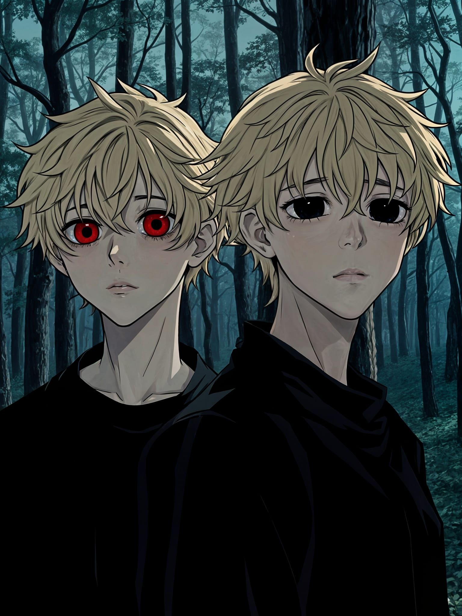 Manga Style Figures with Red Eyes in Forest