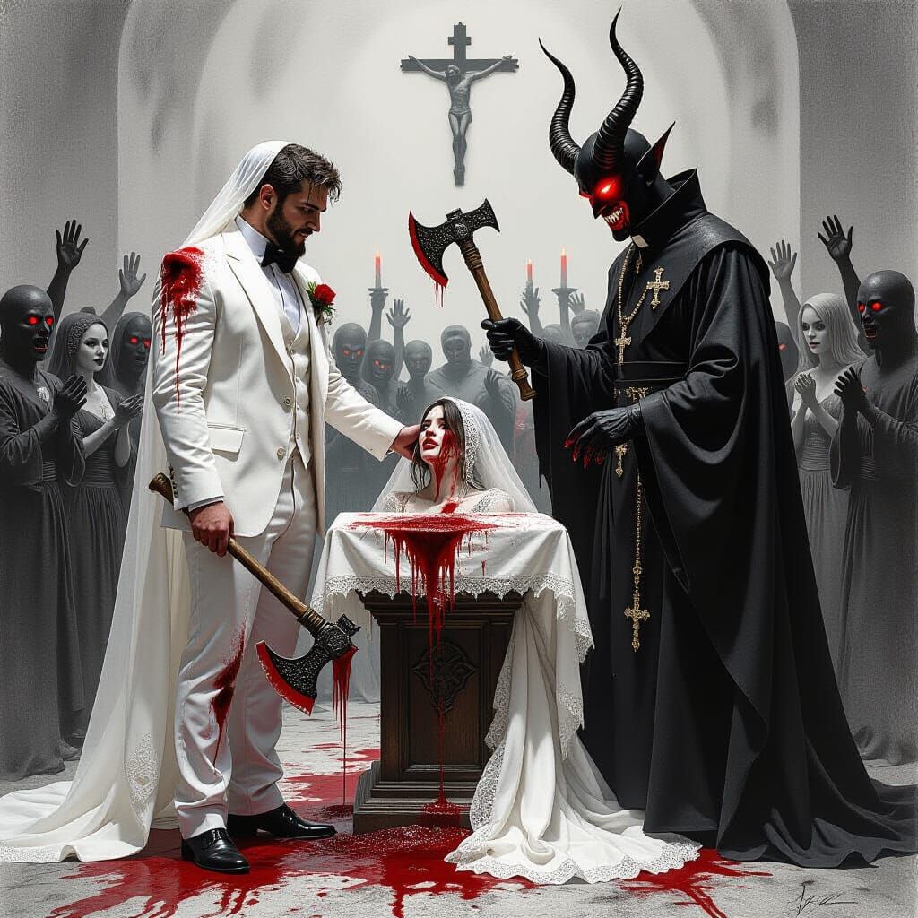 Grotesque Wedding: Macabre Charcoal Drawing