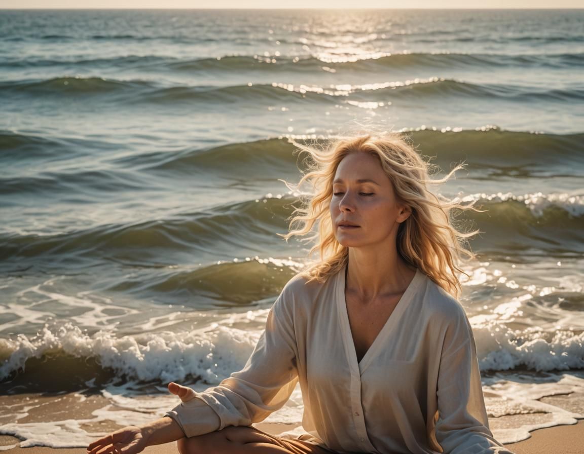 Blonde Woman Meditating in Energy Wave Near Ocean