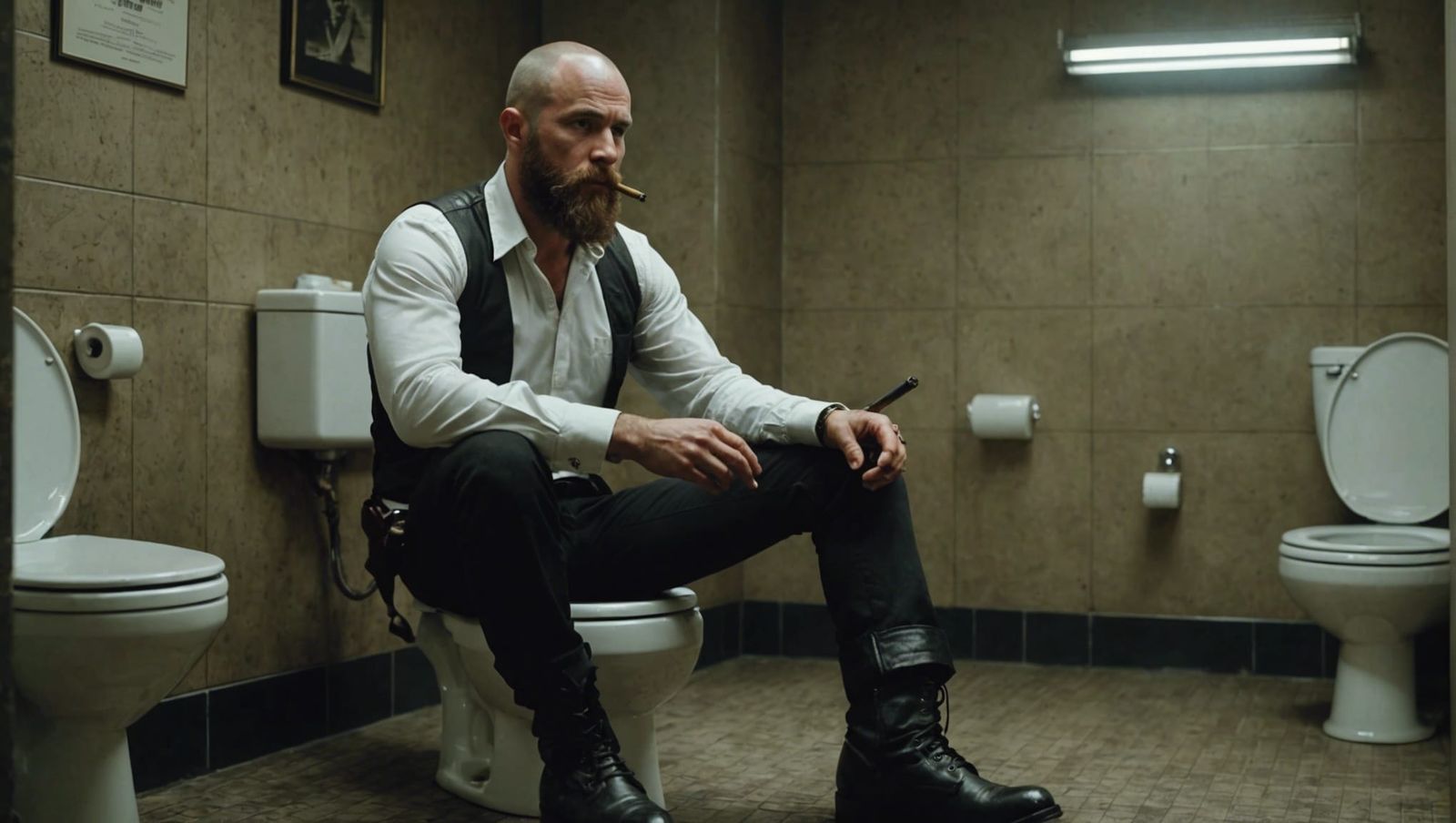 Cinematic Skinhead Smoking Cigar on Toilet