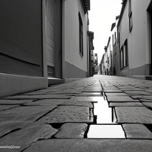 Monochrome Street Reflection on Cobblestone at Night