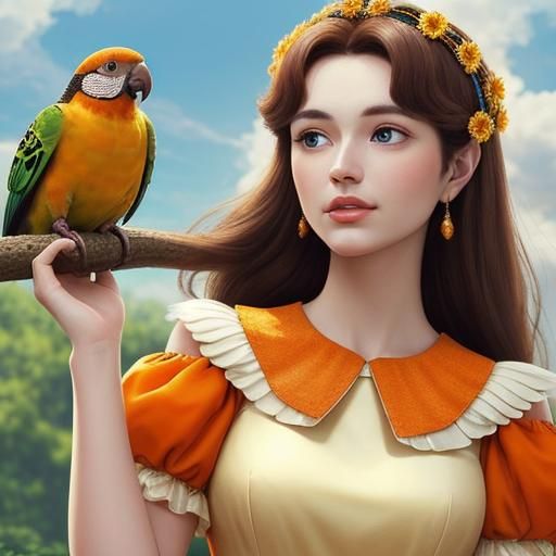 Princess Daisy with Parakeet in Sunlight