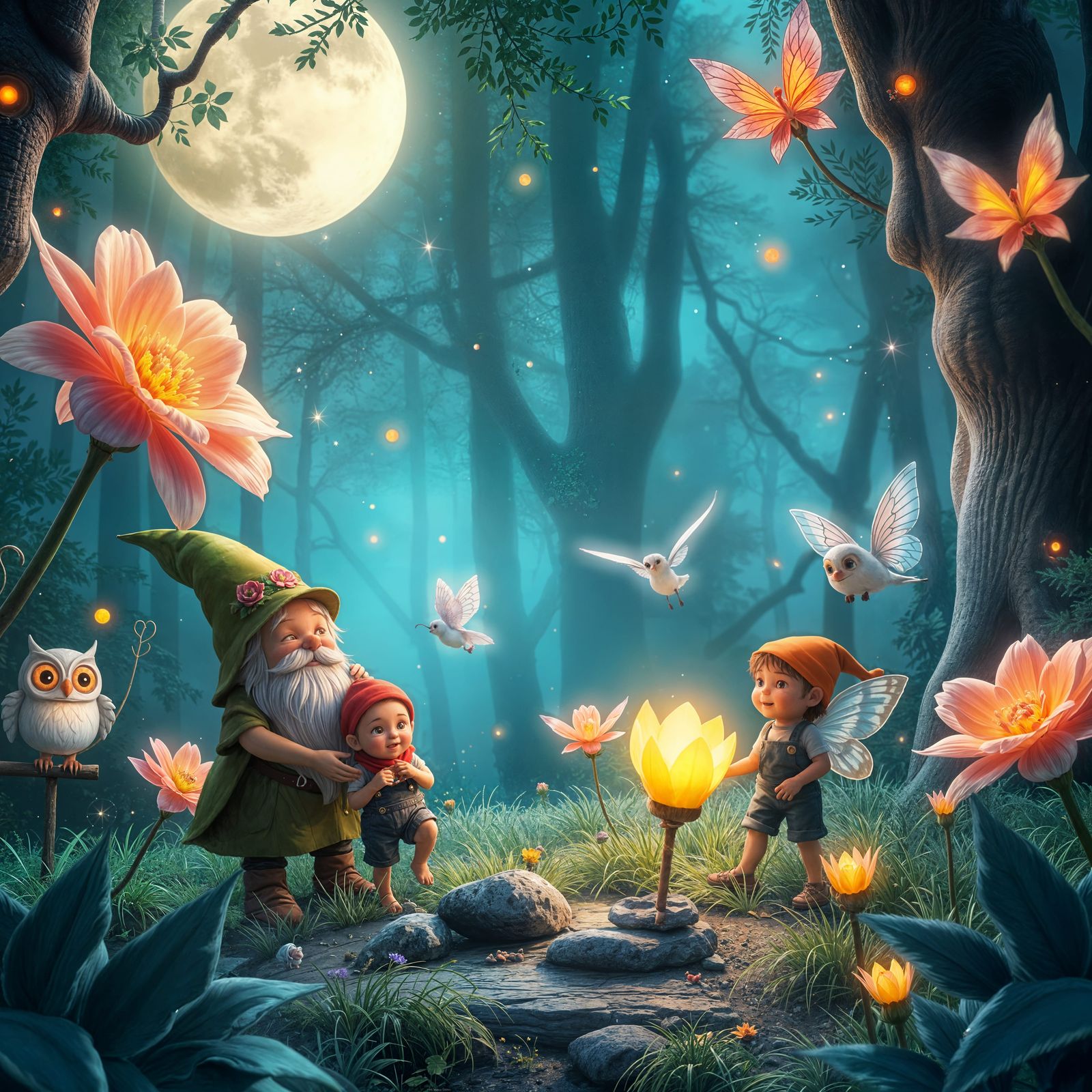 Gnome Family Tending a Magical Garden in Anime Style