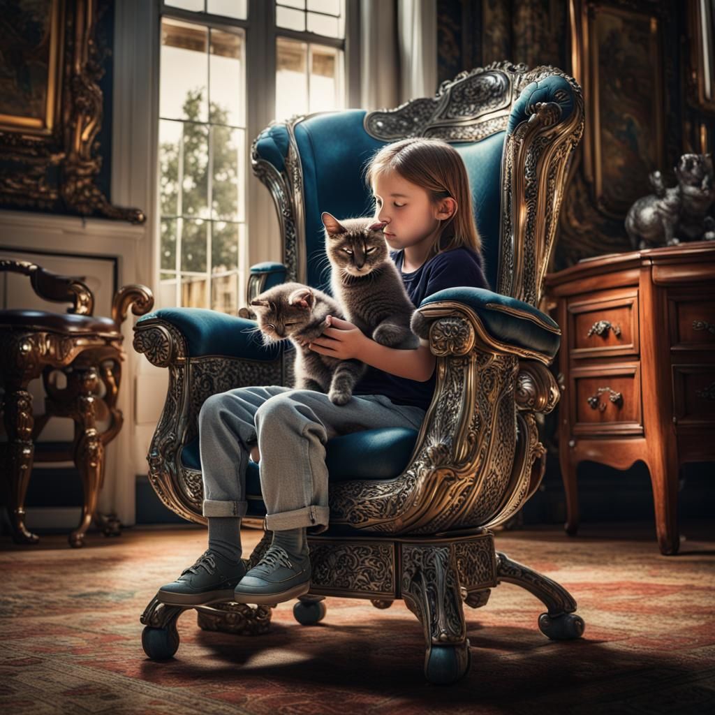 Girl with Cyborg Cat in Country House, Hyperrealistic