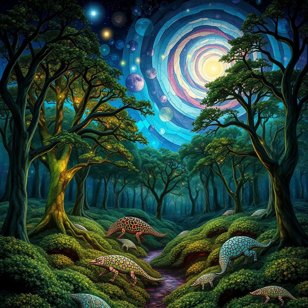 Ethereal Stained Glass Forest Glade in Swirling Nebulae