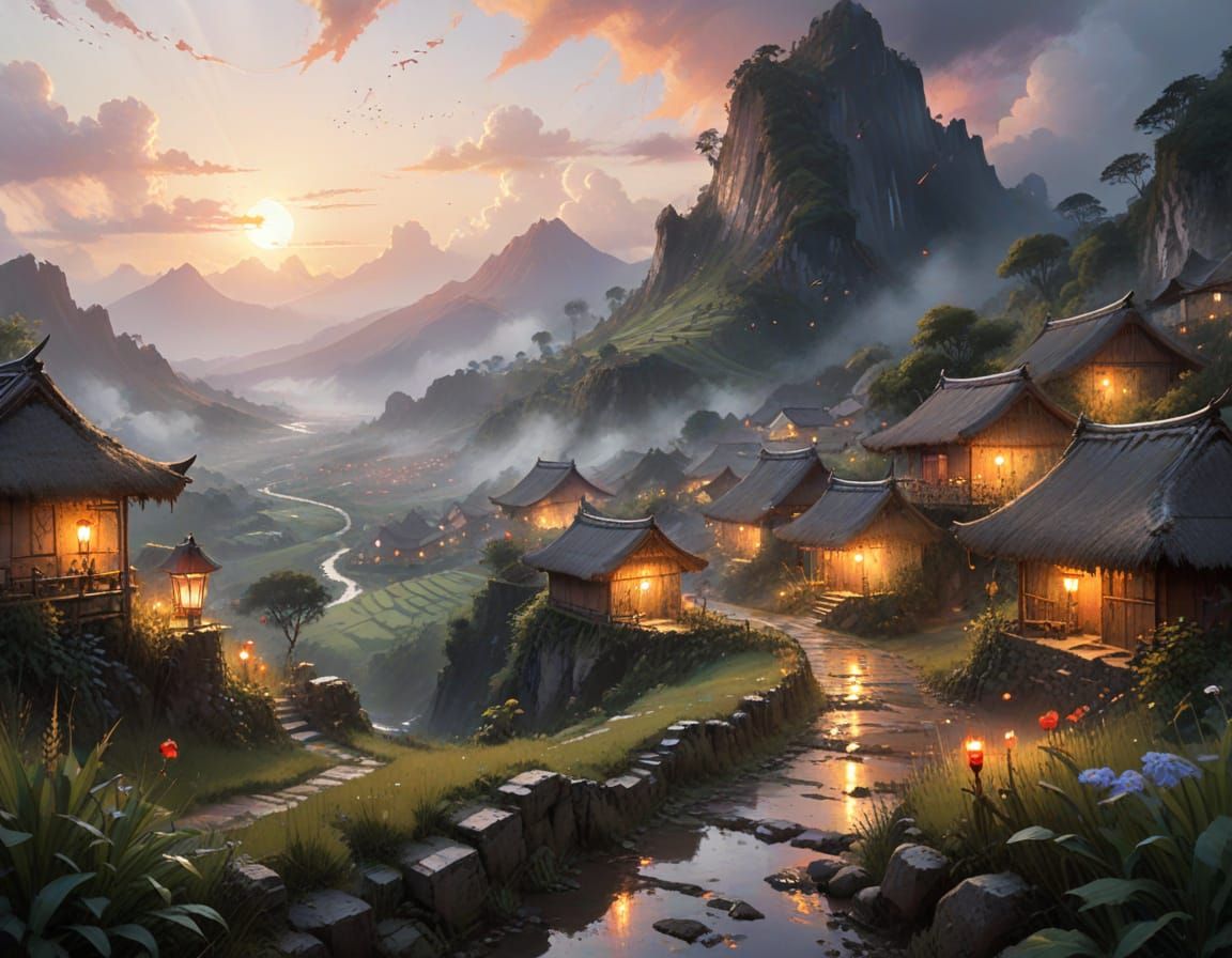 Rice Terrace Village with Volcano, in Watercolor Style