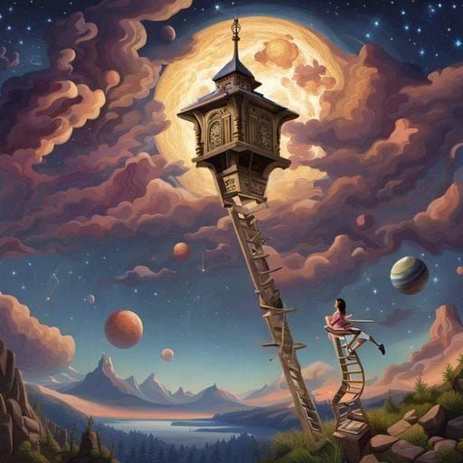Surreal Clocktower Cartoon Climbing to the Stars