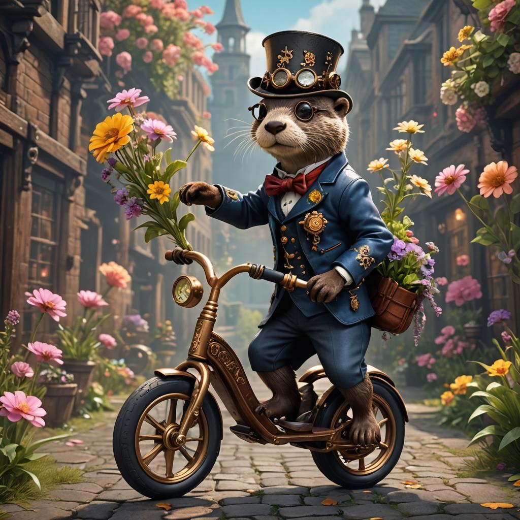 Steampunk Otter on Unicycle in Desert, 3D Render