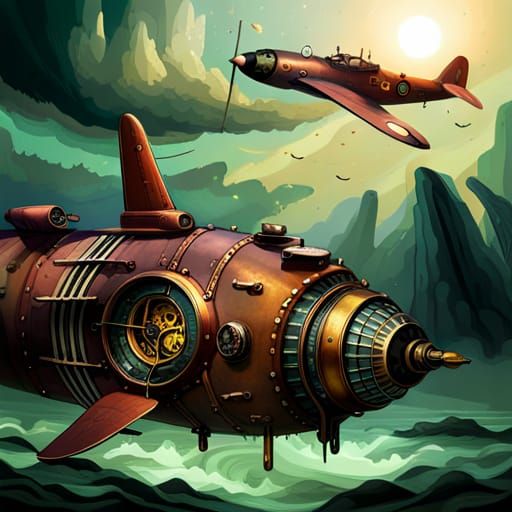 Steampunk Submarine Hides from Bomber Plane
