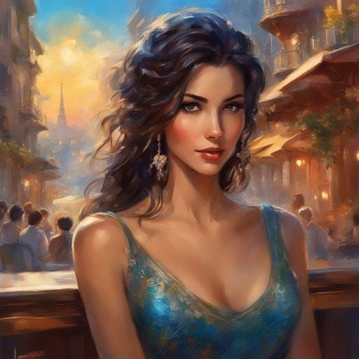 Beautiful Spanish Girl Portrait in Barcelona Cafe