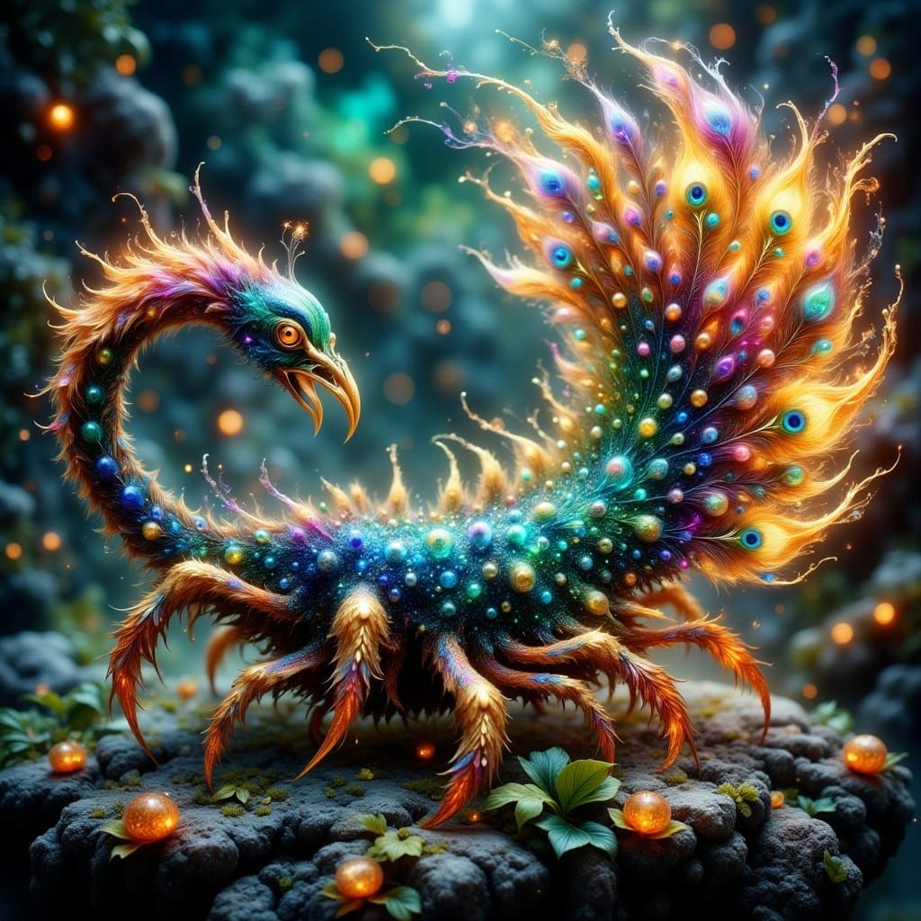 Majestic Fire-Breathing Peacock Scorpion Hybrid in Vibrant H...