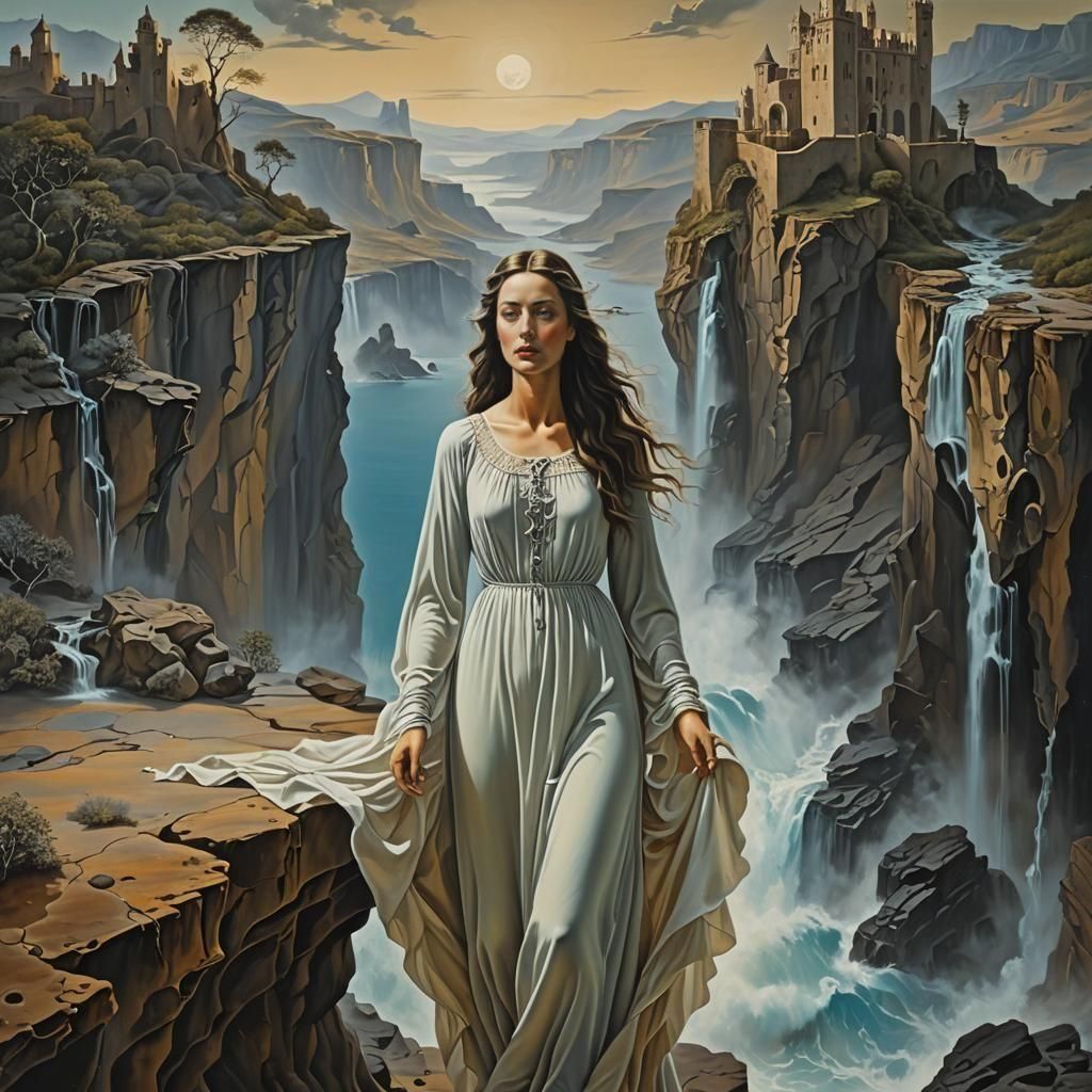 Ghostly Figure Above Castle in Surreal Oil Painting