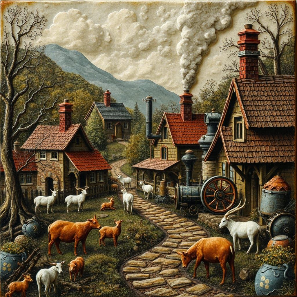 Encaustic Village Scene with Steampunk Engine
