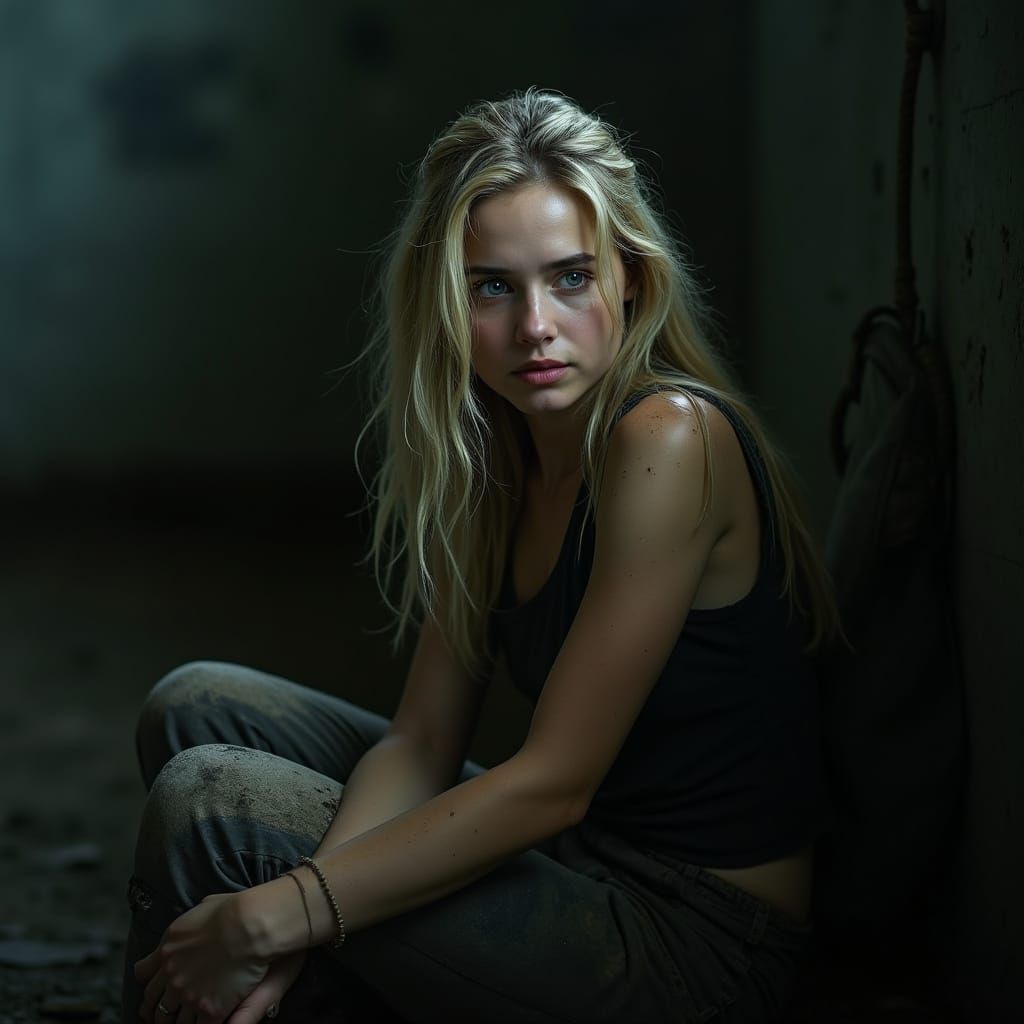 Strong Yet Weary Young Woman in Bleak Panem Cell