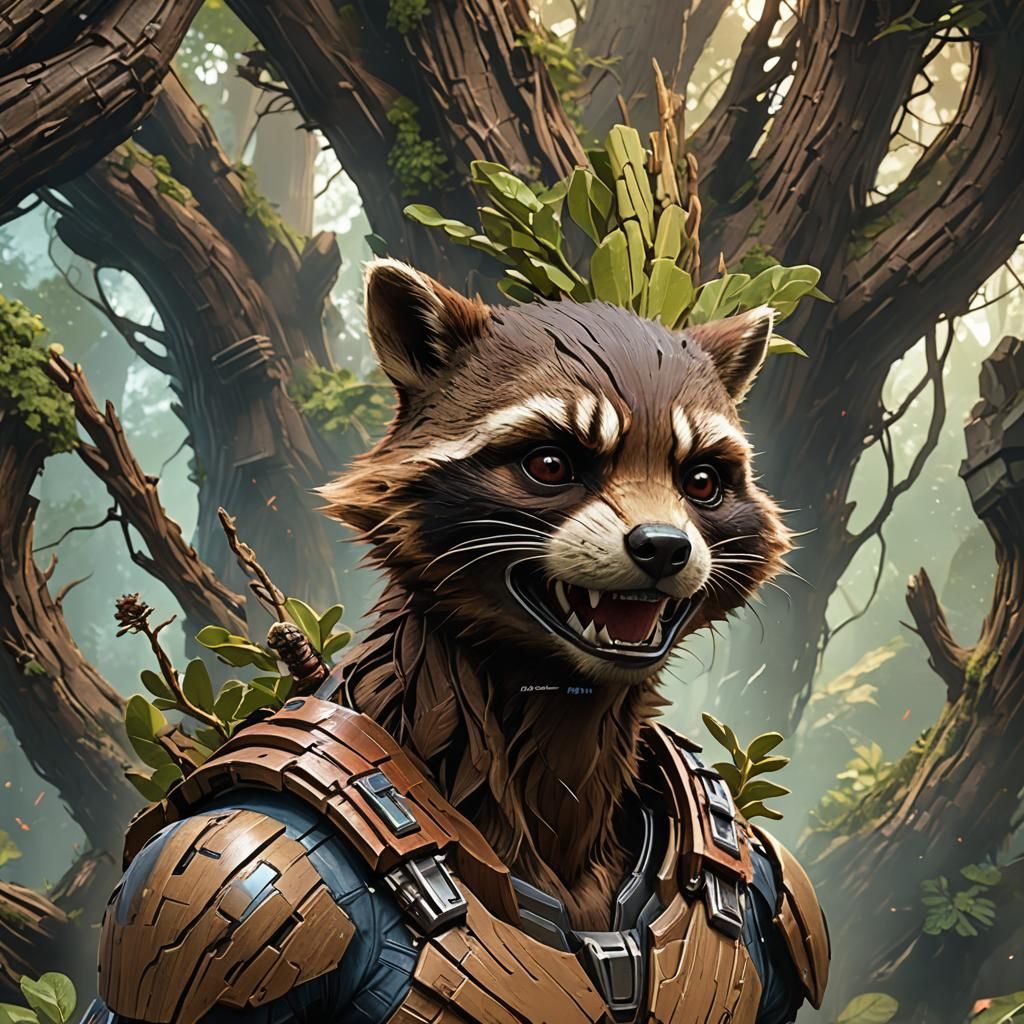 Rocket and Groot Portrait in Hyperdetailed Style