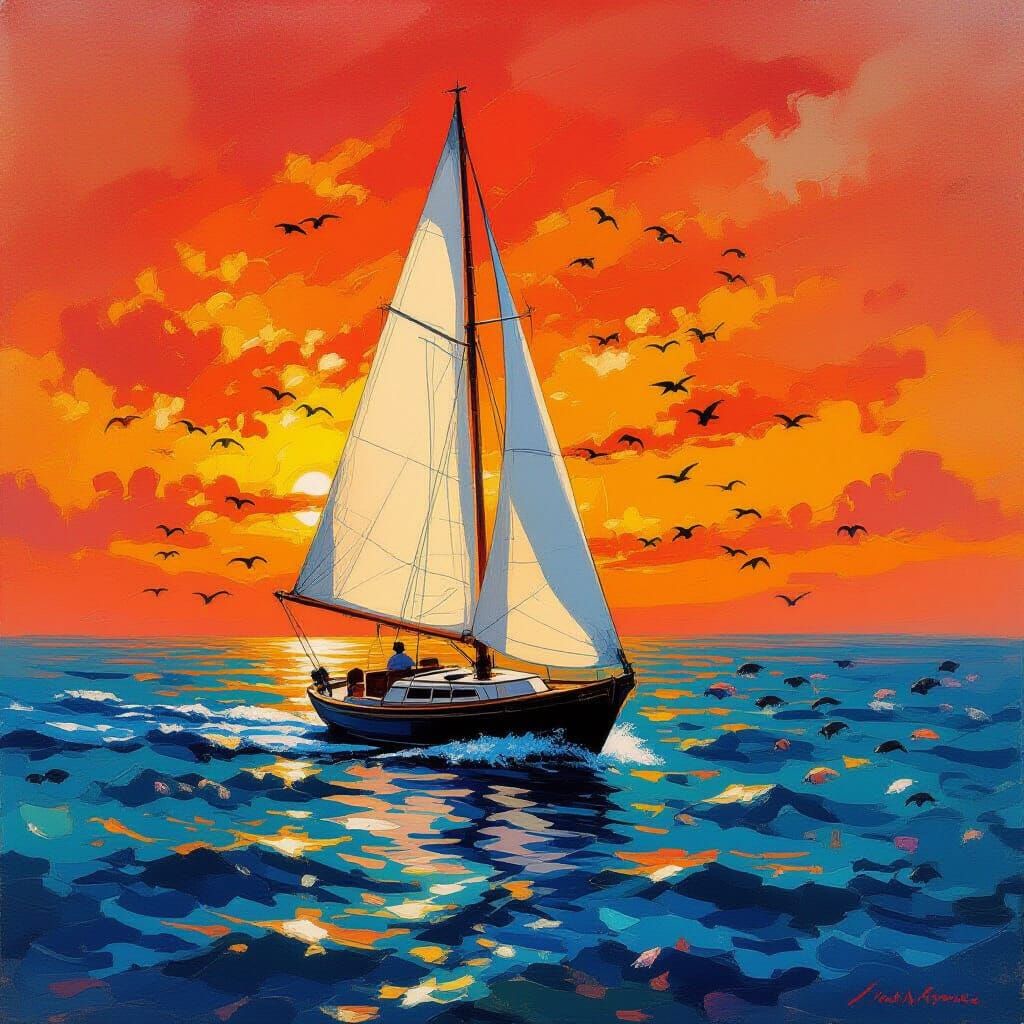 Sailboat on Blue Ocean with Red Sky: Impressionist Style