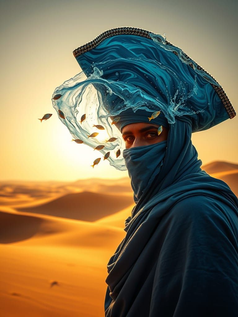 Tuareg Nomad with Seawater Pirate Hat in Desert
