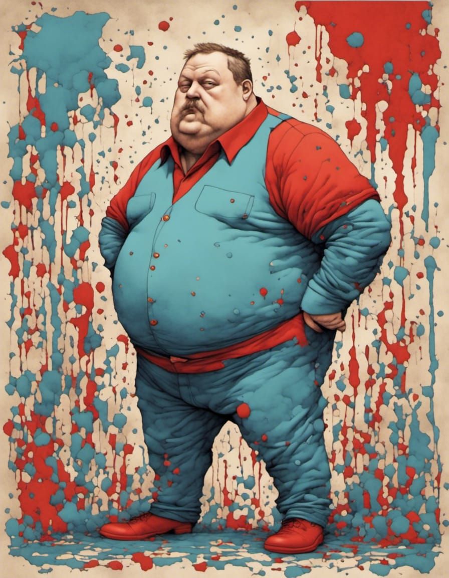Botero-Style Character Study in Red and Blue