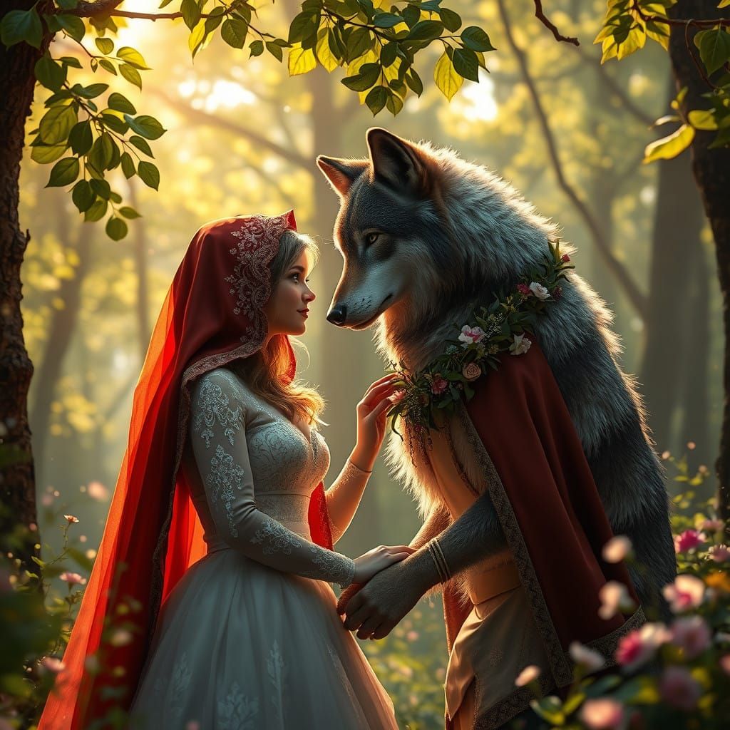Whimsical Forest Wedding: Mysterious Bride and Majestic Wolf...