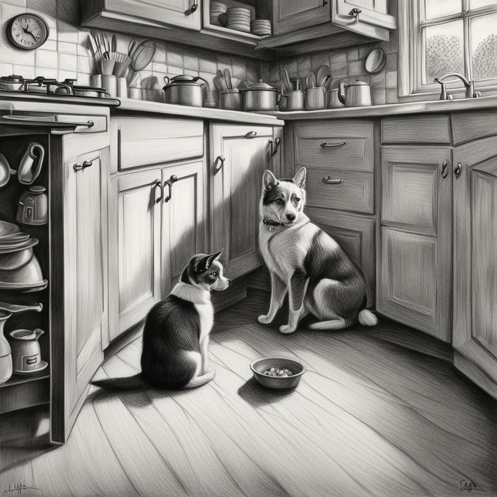 Dog and Cat Play: Hyperdetailed Charcoal Drawing