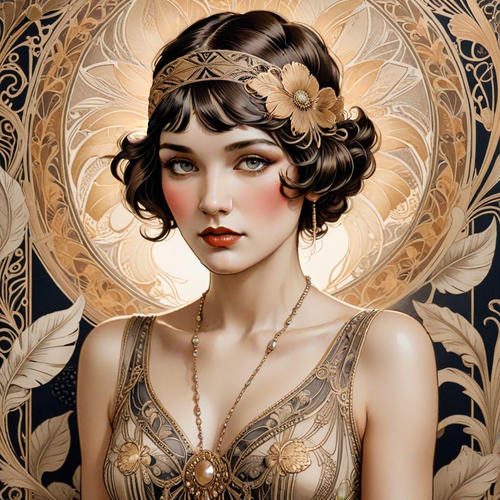 Art Nouveau Flapper Portrait in Ink