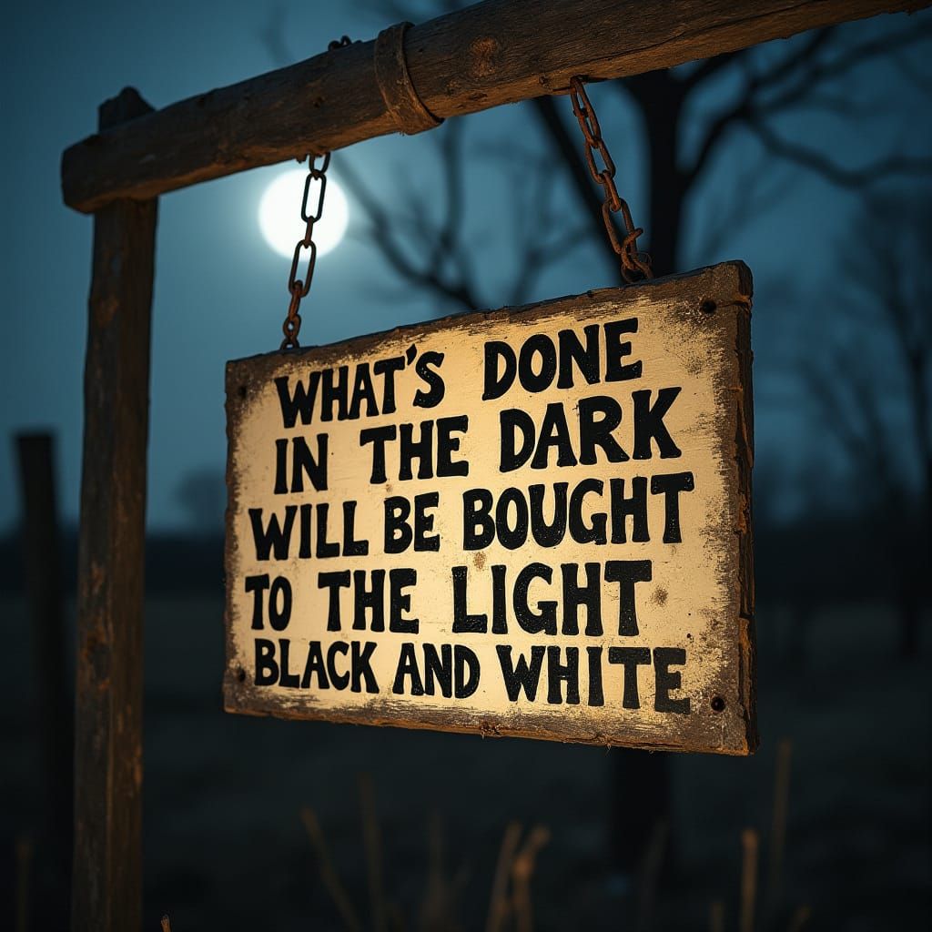 Weathered Sign Creaks in the Breeze, Bearing a Haunting Mess...