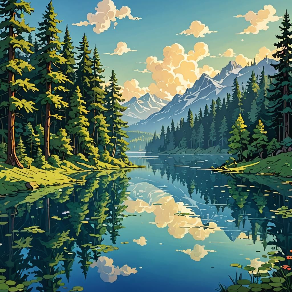 Reflective Lake in Cel-Shaded Romanticism Style