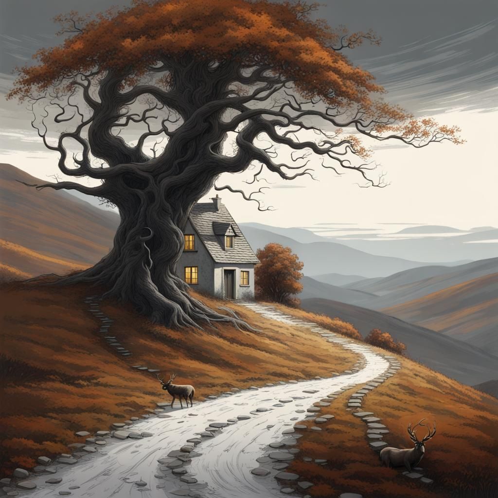 Scottish Croft Cottage with Stag in Autumnal Horror