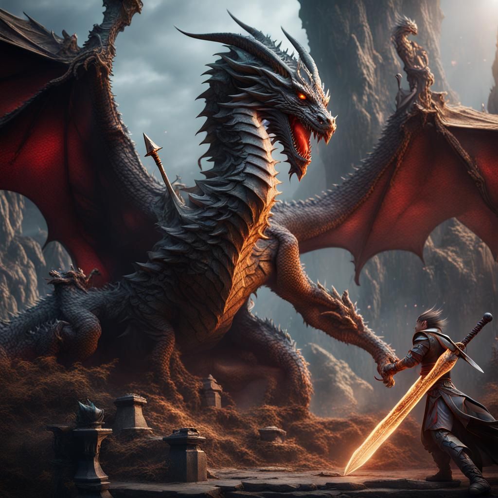 Dragon Sword Fight in Detailed Matte Painting