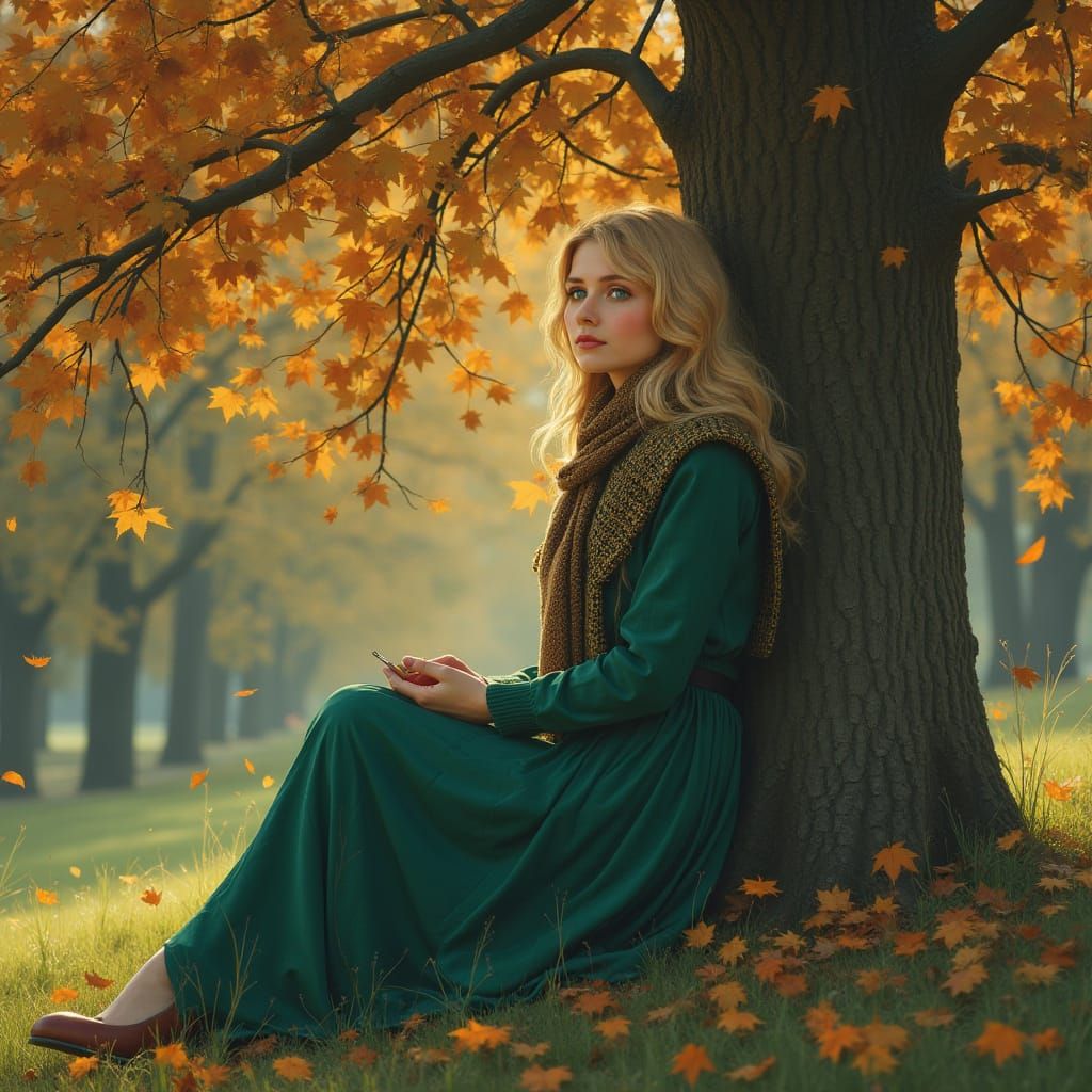 Woman in Autumn Dress by Golden Afternoon Light