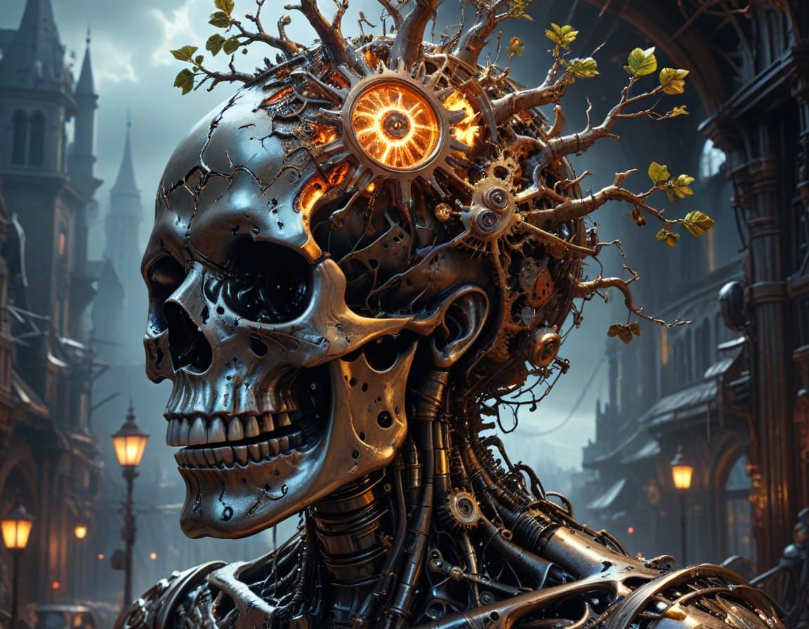 Gothic Clockwork Tree Grows from Skull in Wasteland