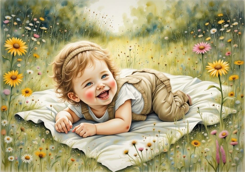 Whimsical Garden Scene in Intricate Watercolor Style