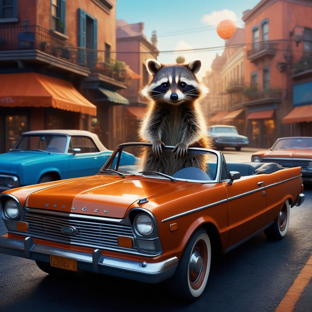 Raccoon in a Vintage Roadster Speeds Down a Winding Road
