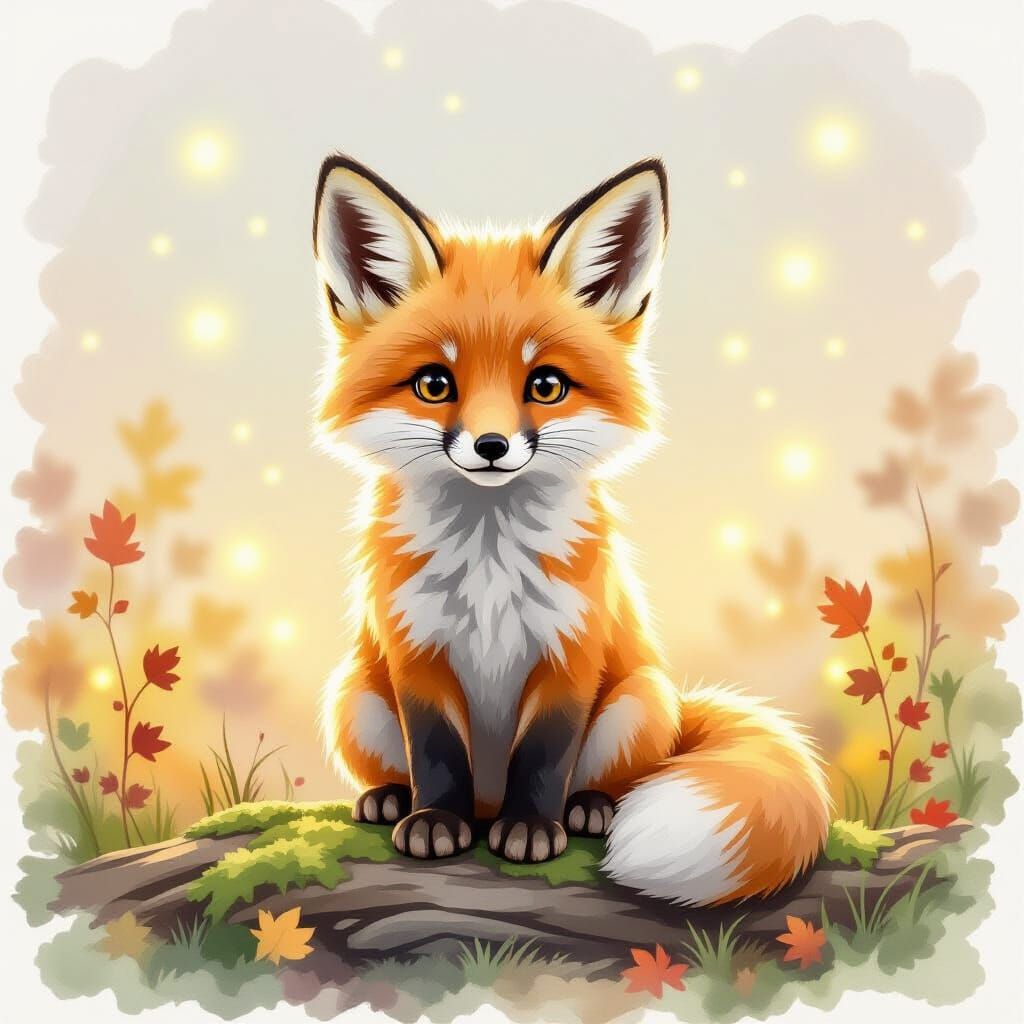 Fluffy Fox Cub Bathed in Firefly Glow, Watercolor Style